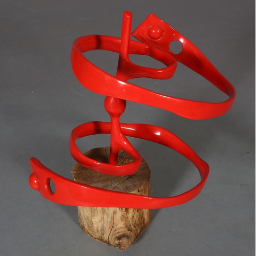 297 - ARR Michael Benn (1937-2017), Waste Away, red enamelled aluminium sculpture of a water vortex, on tr... 