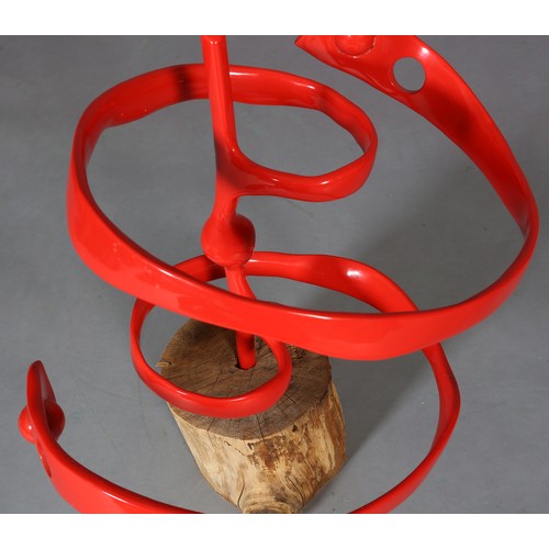 297 - ARR Michael Benn (1937-2017), Waste Away, red enamelled aluminium sculpture of a water vortex, on tr... 