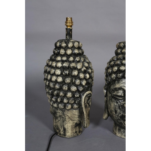 314 - A pair of buddha bust table lamps with black shades, 51cm high, with shades 70cm high