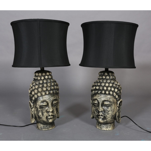 314 - A pair of buddha bust table lamps with black shades, 51cm high, with shades 70cm high