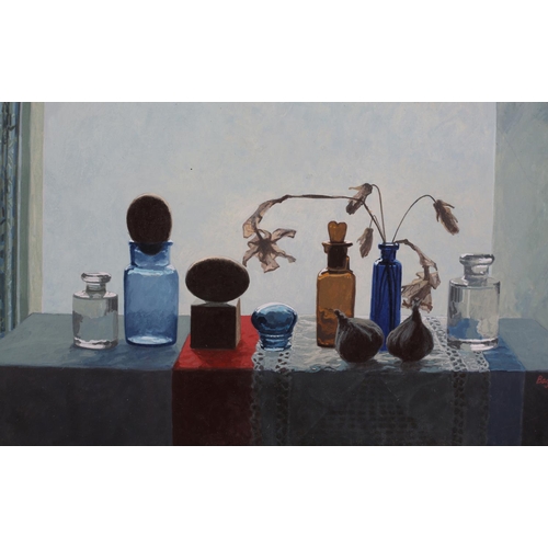 322 - ARR Arthur Baglee (b.1947), Objects Seen Against A Window, still life of glass bottles, figs and bir... 