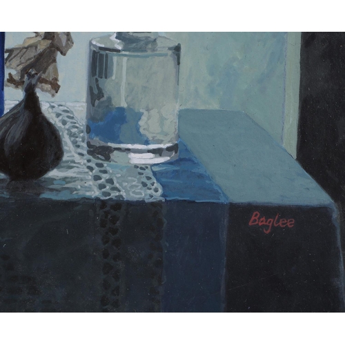 322 - ARR Arthur Baglee (b.1947), Objects Seen Against A Window, still life of glass bottles, figs and bir... 