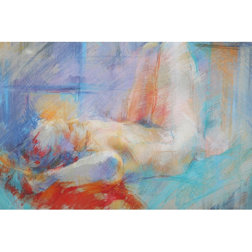 324 - ARR By and after Sue Mallin, female nude reclining with knees drawn up, colour print, signed and no.... 