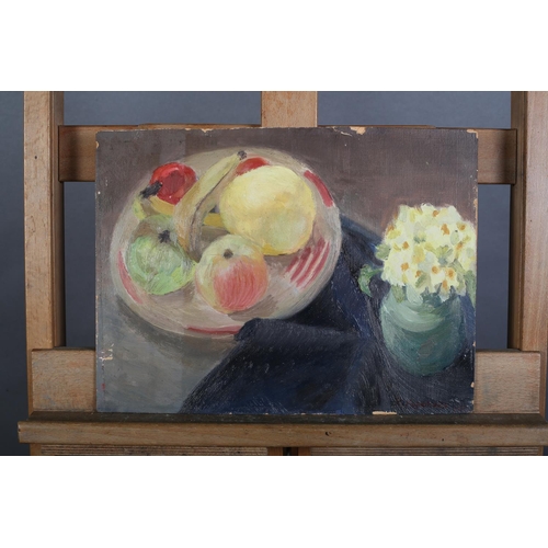 329 - Ruticka Kupcikova (Czech b.1935), Still life of primroses and fruit in a bowl, oil on card, signed a... 