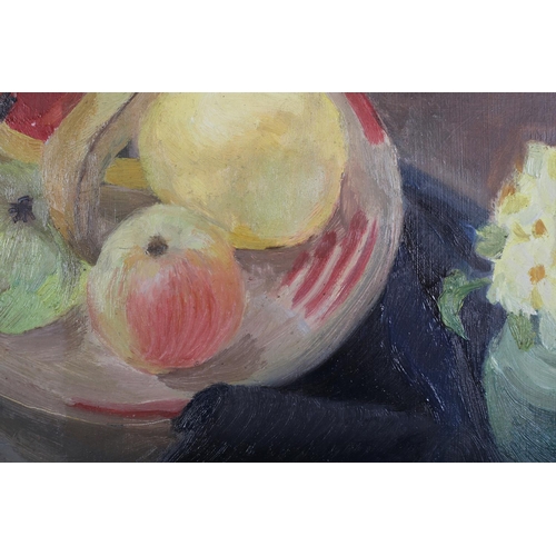 329 - Ruticka Kupcikova (Czech b.1935), Still life of primroses and fruit in a bowl, oil on card, signed a... 