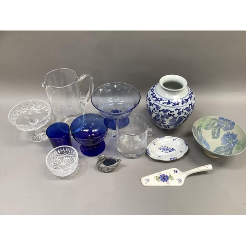 343 - Blue and clear glass pedestal dishes, ice bucket, water jug, together with stoneware bowl, blue and ... 