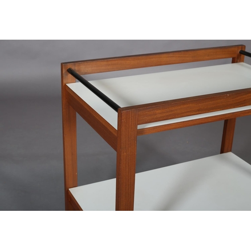 439 - A walnut and white melamine two tier trolley c.1970s with galleried sides and ebonised rail ends, on... 