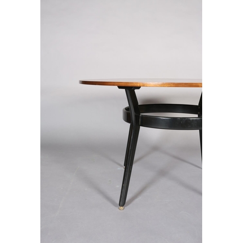 441 - An early G Plan mahogany and ebonised circular dining table, c.1950s, the tapered legs joined by a b... 