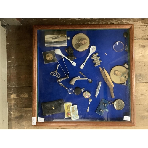 113 - Items of bijouterie including magnifying glass, spoons, spirit flask, coins, cigarette cards, clay p... 