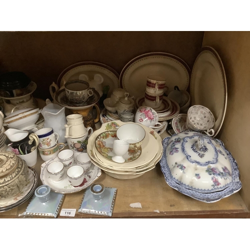 116 - A mixed selection of tea ware, tureens, meat dishes, cups and saucers, egg sets, trinkets etc