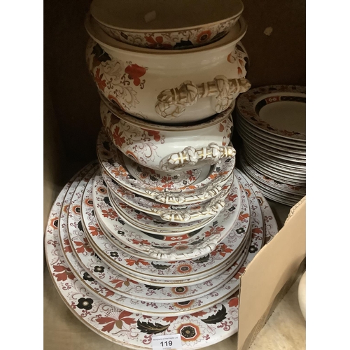 119 - A Victorian Masons Ironstone dinner service comprising a pair of tureens one with cover, 2 pedestal ... 