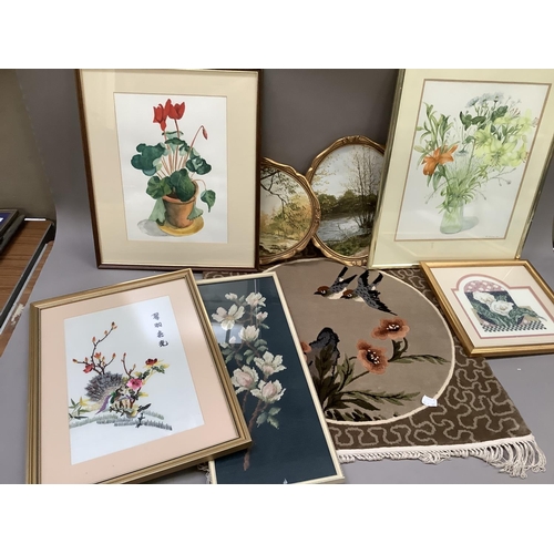 201 - A Chinese needlwork panel, a tapestry panel of blossom, still life of cyclamen and a watercolour of ... 