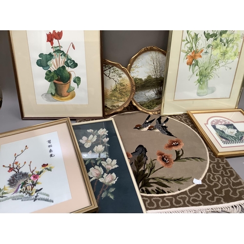 201 - A Chinese needlwork panel, a tapestry panel of blossom, still life of cyclamen and a watercolour of ... 