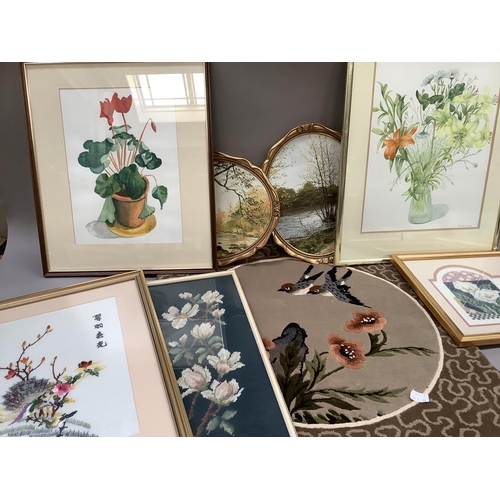 201 - A Chinese needlwork panel, a tapestry panel of blossom, still life of cyclamen and a watercolour of ... 