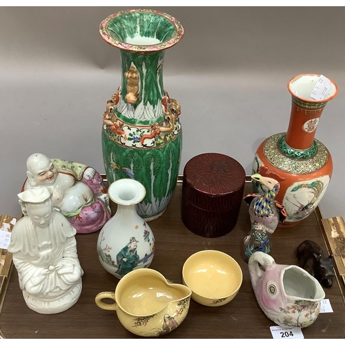 204 - Chinese and Japanese ceramics including a vase decorated with alternating panels of phoenix and drag... 