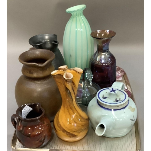 211 - Studio glass and pottery including jugs, teapot, impressed Wardman, striped marble and lustre glass ... 