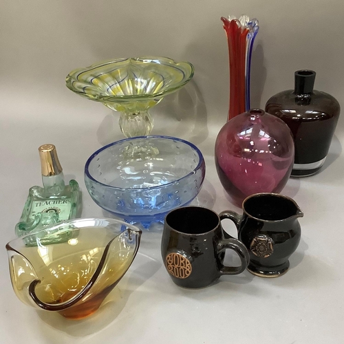 214 - Mid 20th century coloured glass ware including vases, pedestal bowl and a hand thrown brown glazed m... 