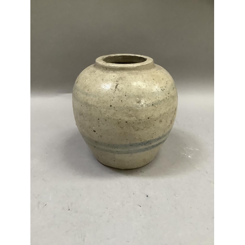 243 - A Chinese stoneware blue and white ginger jar and cover painted with a continuous river and island s... 