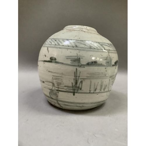 243 - A Chinese stoneware blue and white ginger jar and cover painted with a continuous river and island s... 