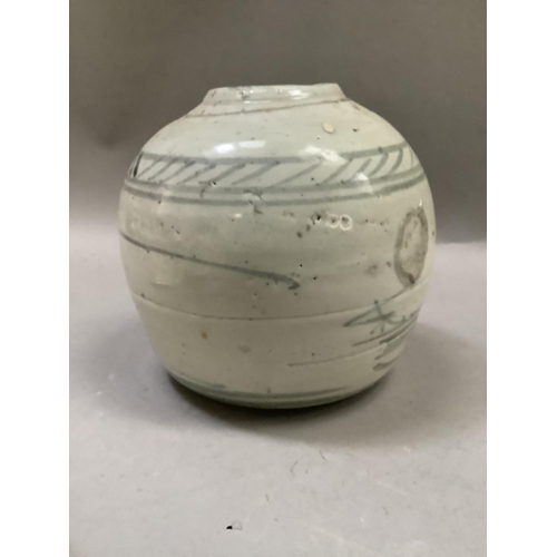 243 - A Chinese stoneware blue and white ginger jar and cover painted with a continuous river and island s... 