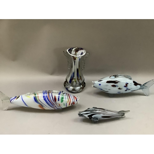 253 - Three Murano colour glass fish and a similar vase