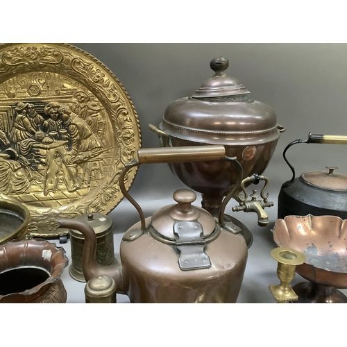 275 - Two kettles, brass fruit bowl, copper tray and other items