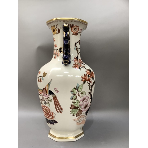 278 - A very large Mason's octagonal baluster two handled vase printed and enamelled with peony and songbi... 