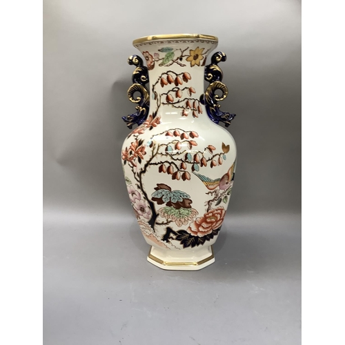 278 - A very large Mason's octagonal baluster two handled vase printed and enamelled with peony and songbi... 