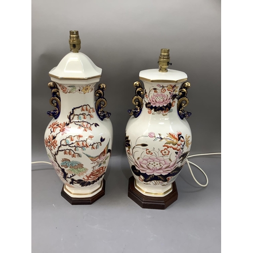 279 - Two large Mason's ironstone table lamps of similar decoration,printed and enamelled with songbirds, ... 