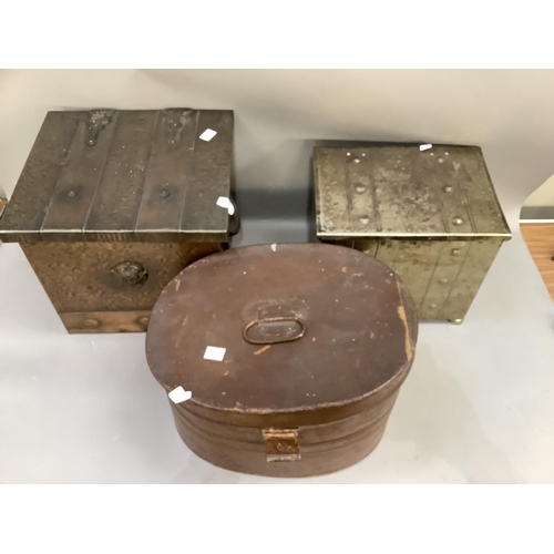 283 - Two metal coal boxes together with a tin hat box