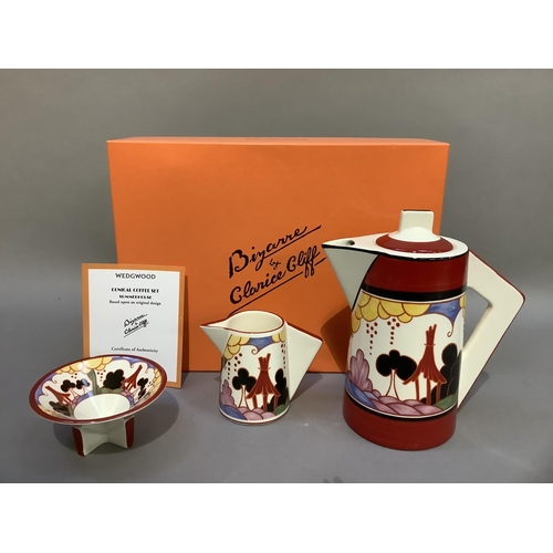 38 - A Wedgwood Clarice Cliff collection Bizarre conical coffee set based on the Summer House design, wit... 