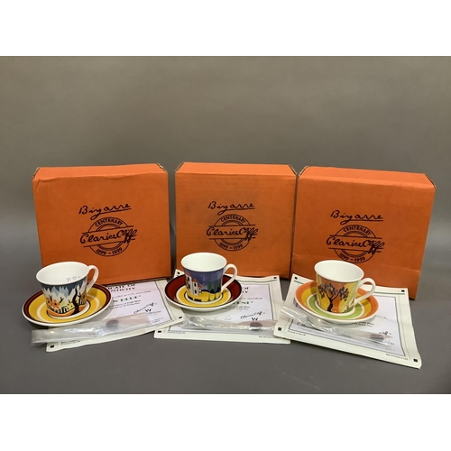 43 - Three reproduction Clarice Cliff cups and saucers, limited editions from the Cafe Noir series, produ... 