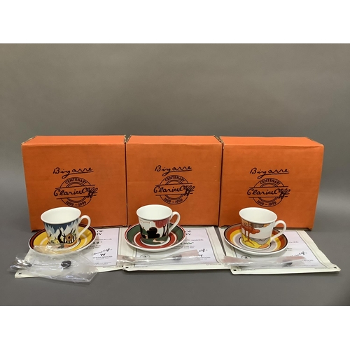 44 - Three reproduction Clarice Cliff cups and saucers from Cafe Noir range in Red Autumn, Coral Firs and... 