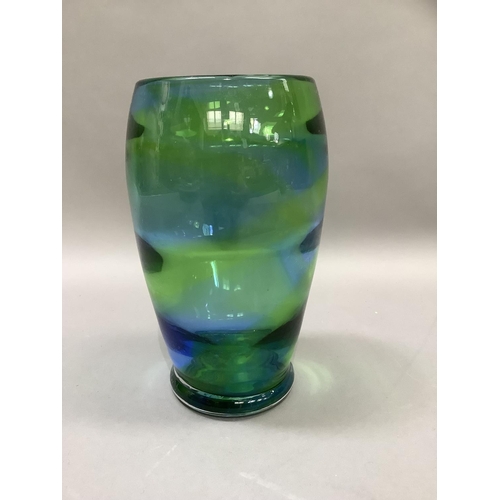 84 - A 1930's optically ribbed glass vase in shades of blue and green, 20.5cm high