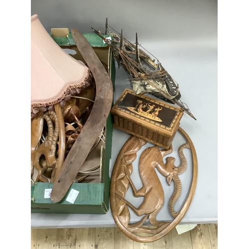 270 - A model of a galleon, Sorrento box, boomerang, carved cormorant, table lamp etc