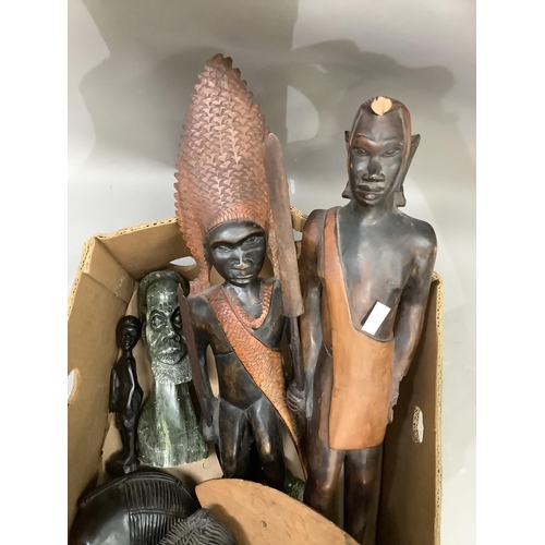 272 - A pair of hardwood carved African figures, two busts, a hard stone bust etc