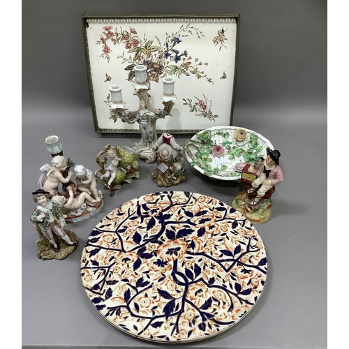 339 - Dresden style figures, three light candelabra, basket weave bowl encrusted with flowers, a pottery a... 