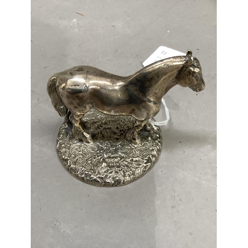 359 - A silver model of a shire horse on circular naturalistic ground, London assay mark no date letter, a... 