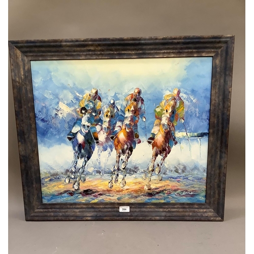 394 - Horse racing scene, oil, indistinctly signed to lower right, 51cm by 61.5cm