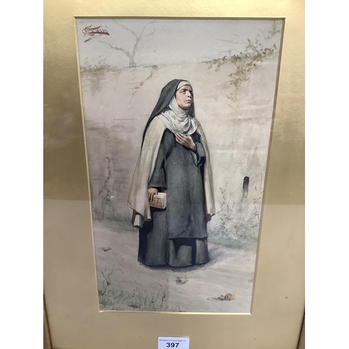 397 - An early 20th century watercolour, possibly Italian, of a nun in a walled garden, indistinctly signe... 