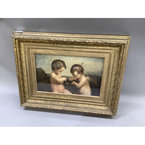 398 - Late 19th century English school, study of cherubs, three-quarter portraits, oil, unsigned, 21.5cm b... 