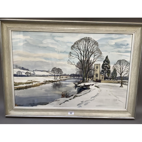 400 - Walter Horsnell, Yorkshire, Hampsthwaite under snow, River Nidd and churchyard, watercolour, signed ... 