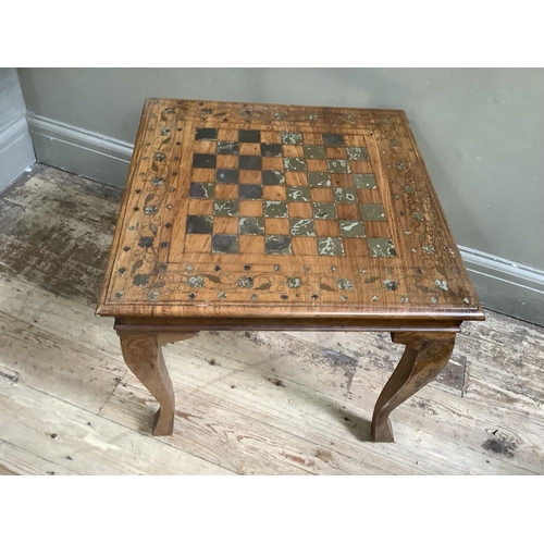 418 - An Indian hardwood and brass inlaid games table of square section on stylised cabriole legs, 51cm sq... 