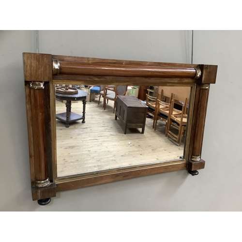 424 - A 19th century mahogany and gilt Regency style over mantel mirror with half pilasters, 78cm wide x 5... 