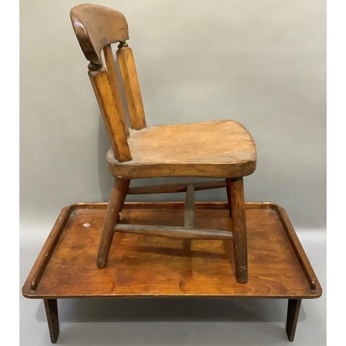 154 - A child's early 20th century rail back kitchen chair on turned framing together with a polished beec... 