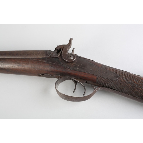 114B - A 19th century double barrelled percussion shot gun by Gooch in 12 gauge, damascus barrel, swan neck... 