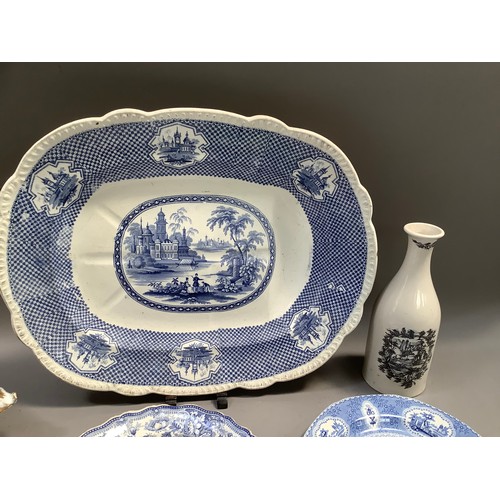 219 - A 19th century blue and white meat dish with well, various other transfer printed plates, a green le... 