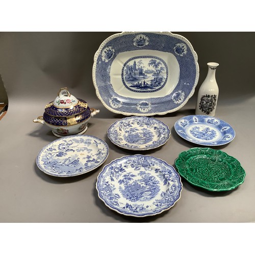 219 - A 19th century blue and white meat dish with well, various other transfer printed plates, a green le... 