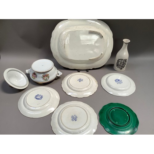 219 - A 19th century blue and white meat dish with well, various other transfer printed plates, a green le... 