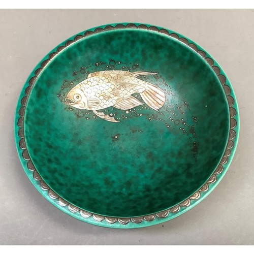 85 - Gustaveberg Sweden, circa 1960's, Argenta ware including a dish applied with a white metal fish and ... 